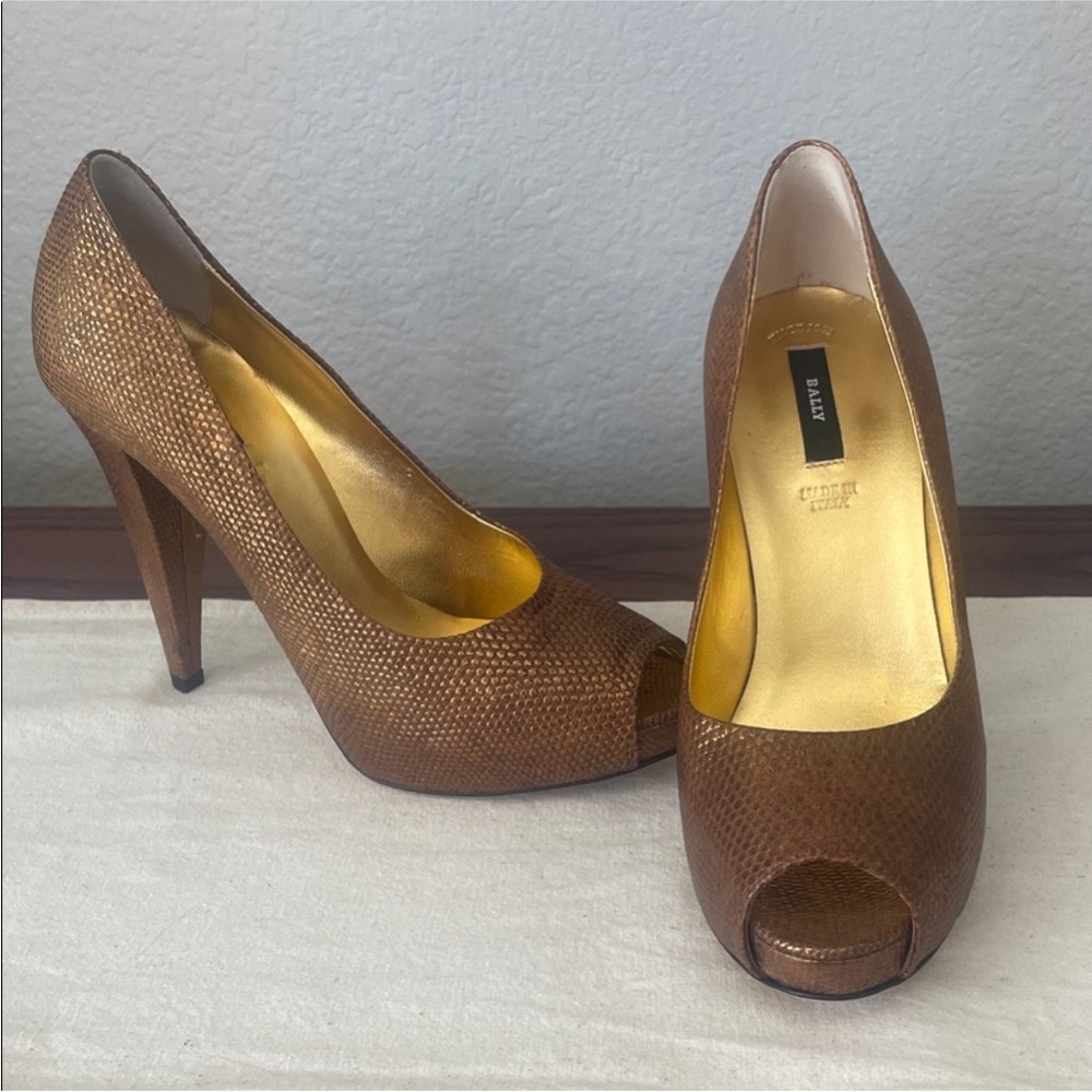 Bally Gold and Brown Peep Toe Heels